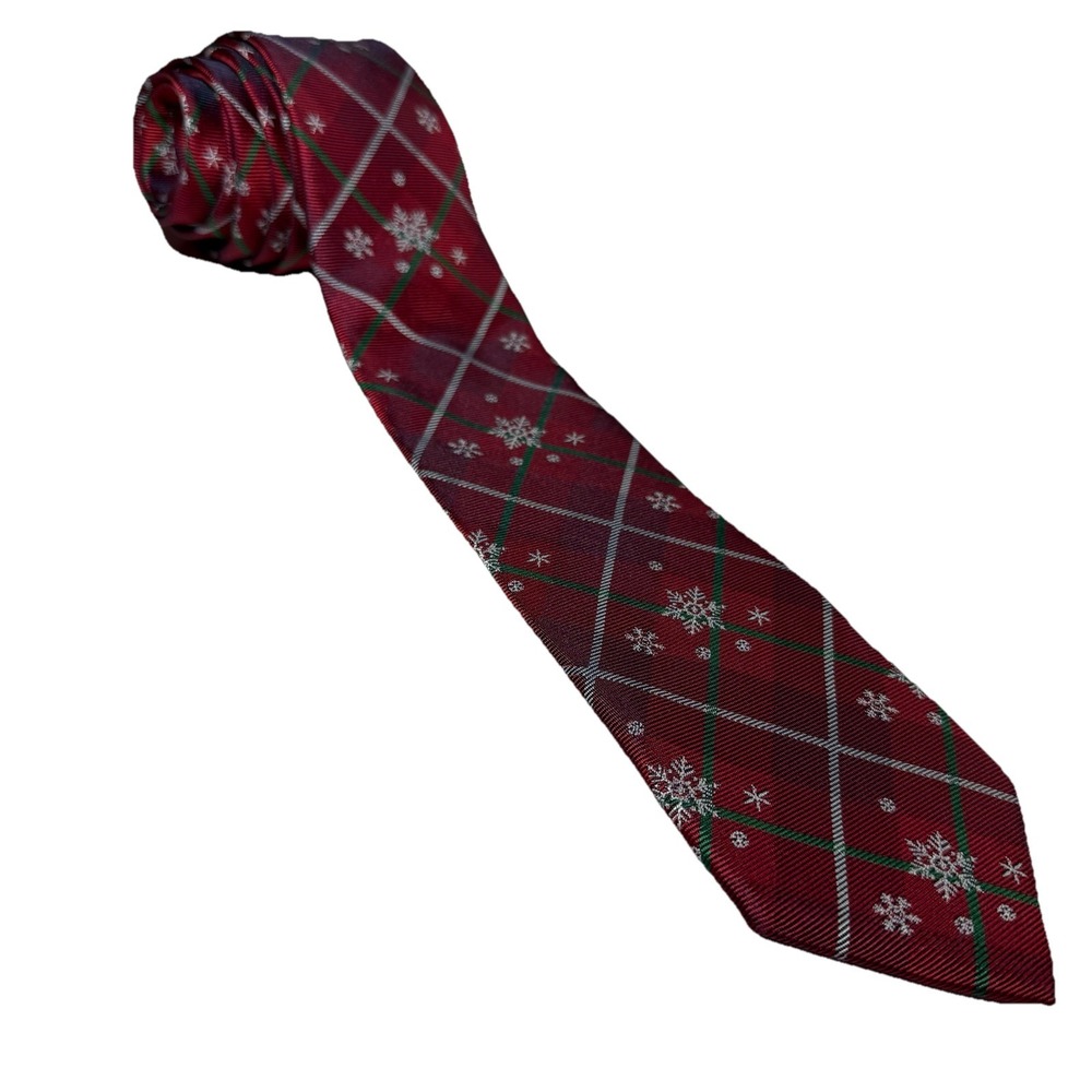 Silk Red Christmas Necktie Green White Plaid Snowflake Pattern Holiday Tie Men